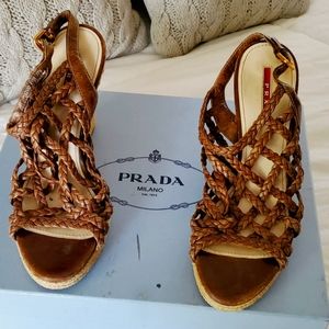 AUTHENTIC PRADA CAGED SANDALS WITH WEDGED HEELS AND GOLDEN BUCKLE